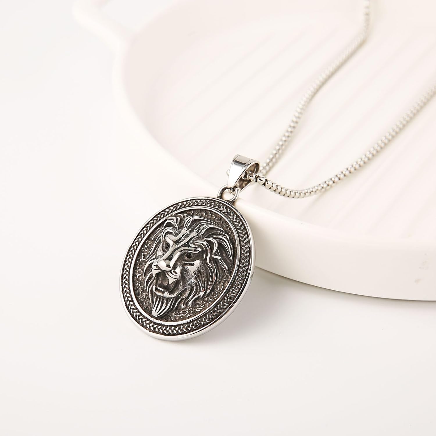 Men'S Gothic Punk Hip-Hop Rock Three-Dimensional Lion Head Shield Oval Pendant Necklace, 316L Stainless Steel, Silver Stainless Steel Square Pearl Chain, Vintage Amulet Jewelry - Image 4