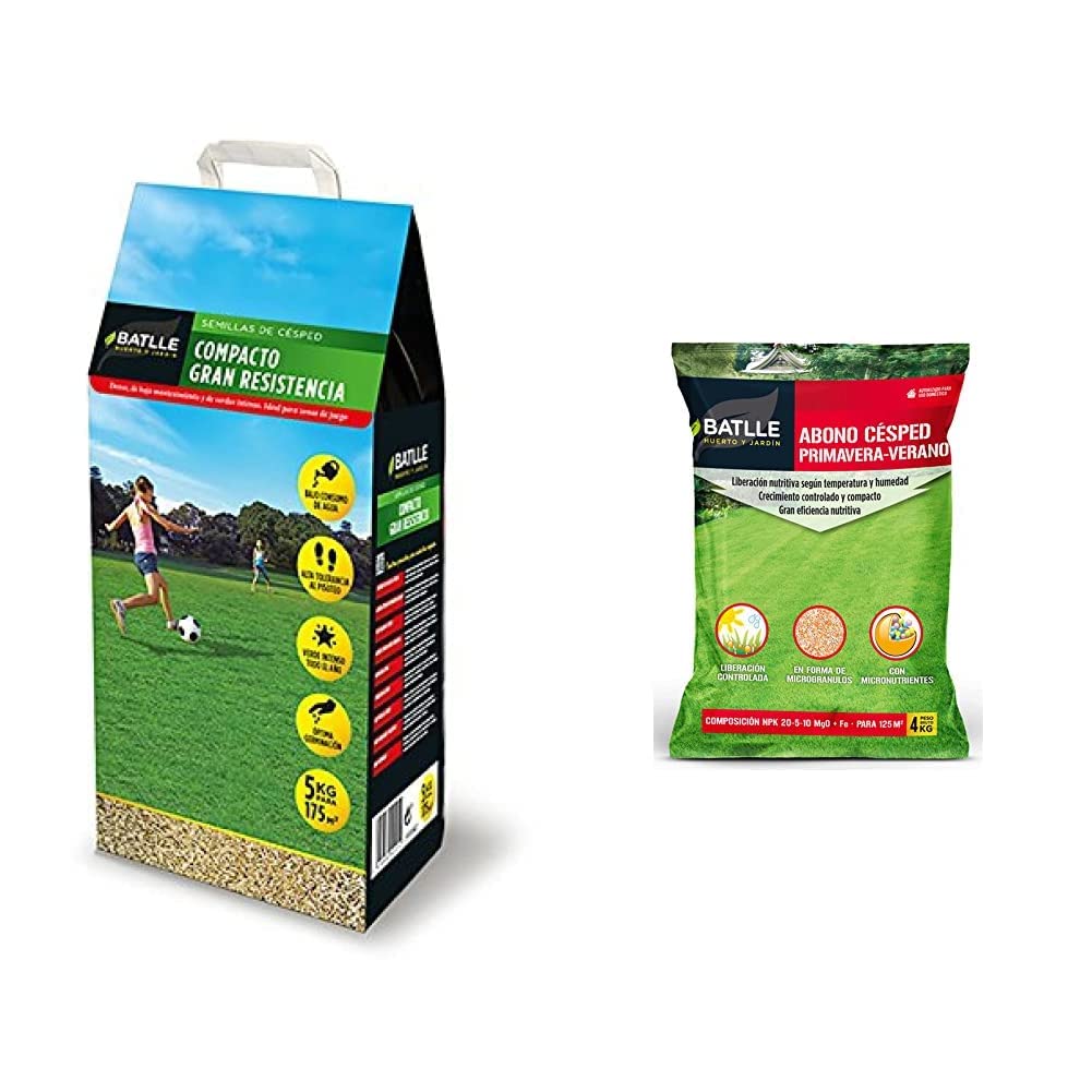 Semillas Batlle Césped Compacto de gran Resistencia - 5kg + Abono Cesped Primavera-Verano Saco 4kg