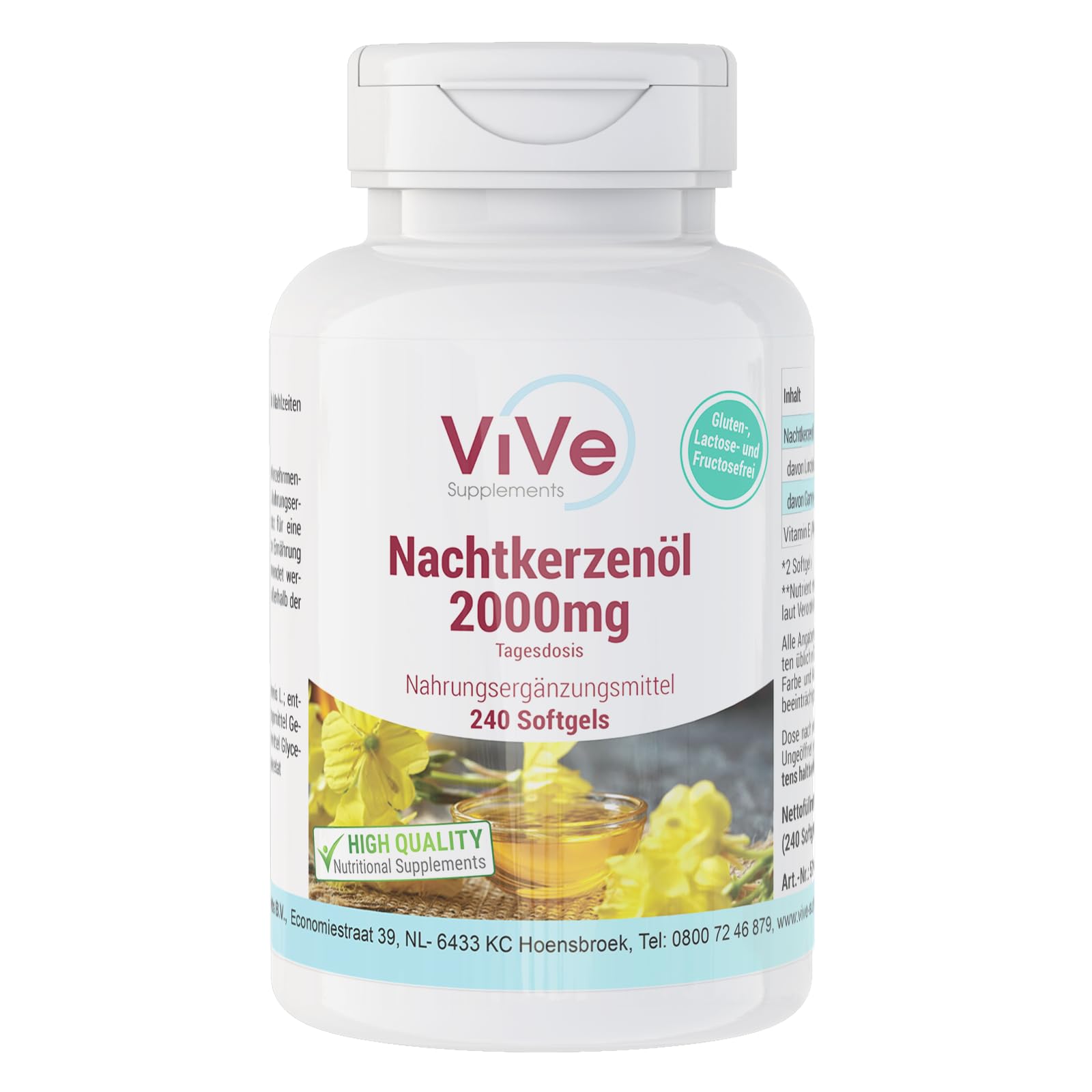 Nachtkerzenöl 2000mg - 240 Softgels -Linolsäuren + Vitamin E - Hochdosiert - Qualität aus Deutschland - ViVe Supplements
