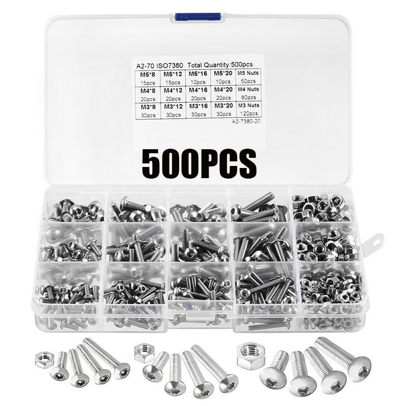 Lilianos 500pcs 304 Stainless Steel Hex Button Socket Head Cap Screw Hexagon Thread Machine Metric Nut Bolt Assortment Kit Set M3 M4 M5