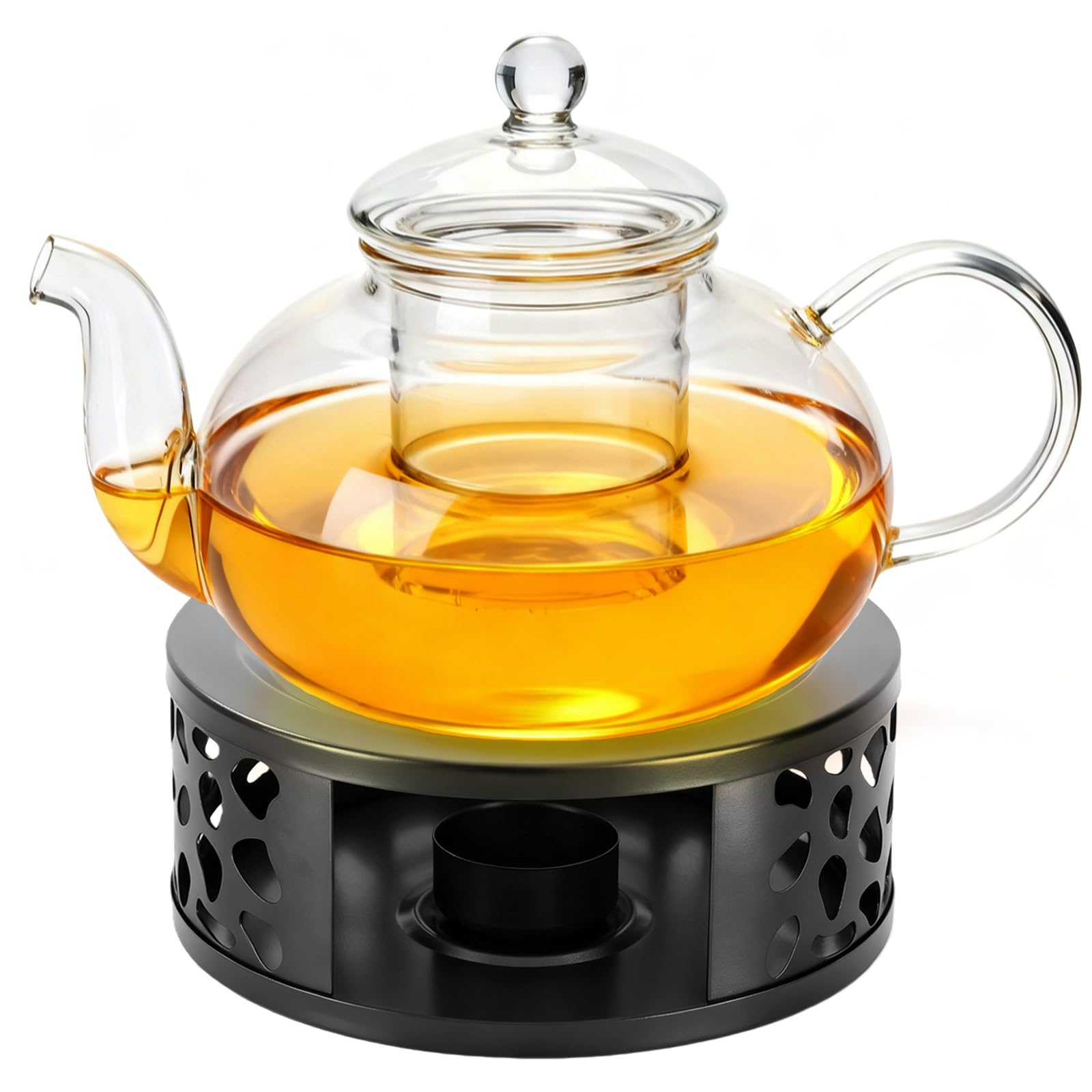 Théière en verre 1000 ml infuseur vrac et chauffe-eau inox noir durable