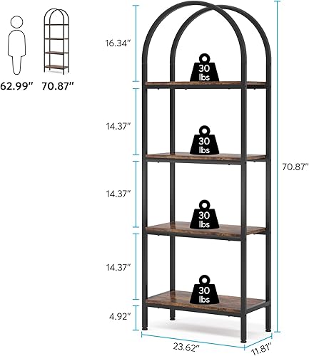 Miniatura 3 de Estantería arqueada de 4 niveles, estantes de almacenamiento abiertos altos, estante de exhibición independiente de metal de madera para oficina en