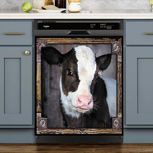 Cubierta magnética para lavavajillas con diseño de vaca divertida, marco de madera, para decoración de refrigerador, electrodomésticos de cocina,