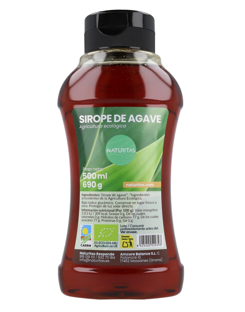 Sirope de agave BIO 100% puro con antigoteo | 690 g | Naturitas Essentials | Sirope de agave Bio 100% puro | Endulzante de bajo índice glucémico | Endulzantes y Mieles