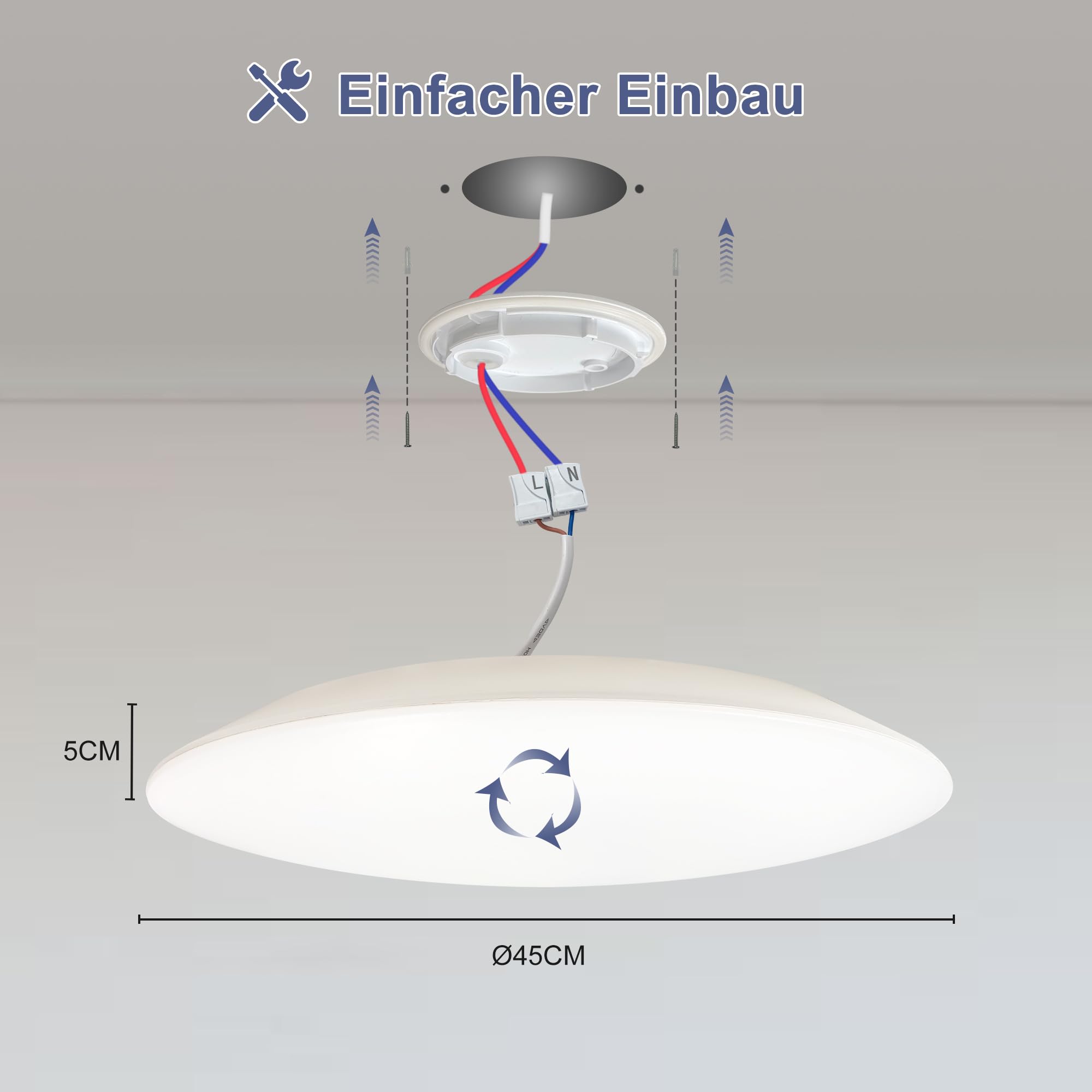 ONDTA LED Deckenleuchte Dimmbar 45W, 2700K-6500K Deckenlampe mit Fernbedienung, IP54 Rund Badezimmer Lampe, 5300LM Memory-funktion LED Panel für Wohnzimmer Schlafzimmer Küche Badezimmer, Ø45cm