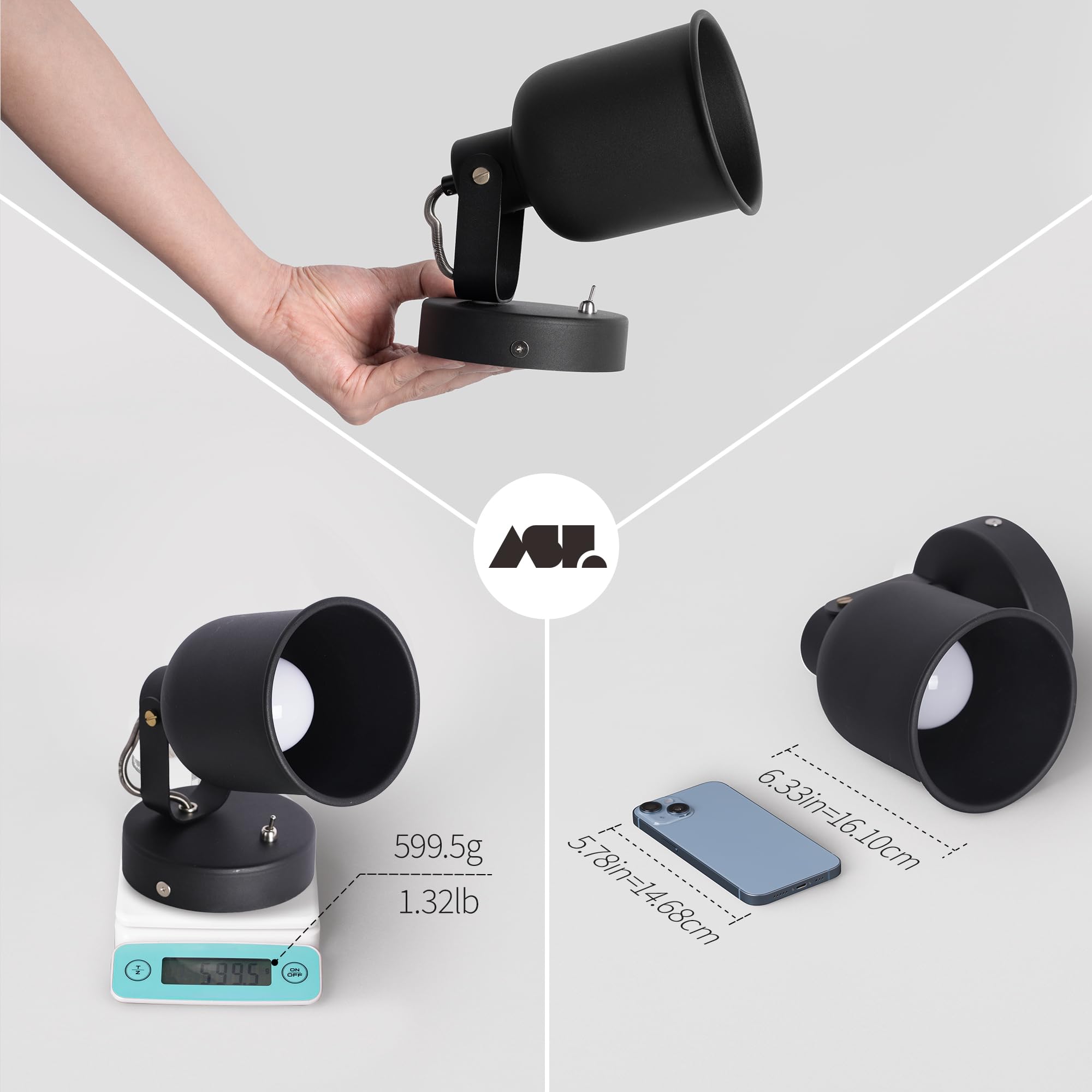 Aisilan Wandleuchte Innen mit Schalter E27 Schwarz, drehbare Metall Wandlampe 350° & 150° schwenkbar, Hardwired Wandbeleuchtung für Schlafzimmer, Wohnzimmer, Flur, ohne Leuchtmittel