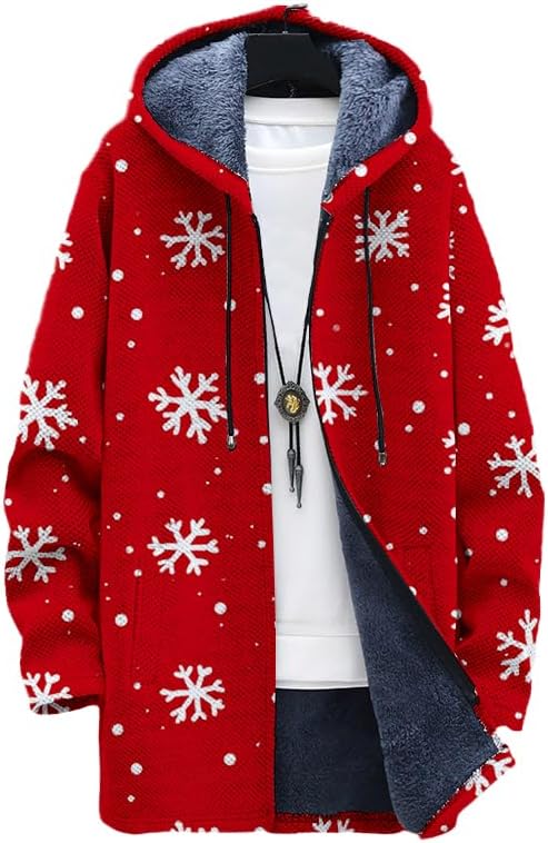 Oversized Zip Up Hoodie for Men Sherpa Lined Fleece Jacket Fuzzy Christmas Sweatshirts with Hood and Pockets