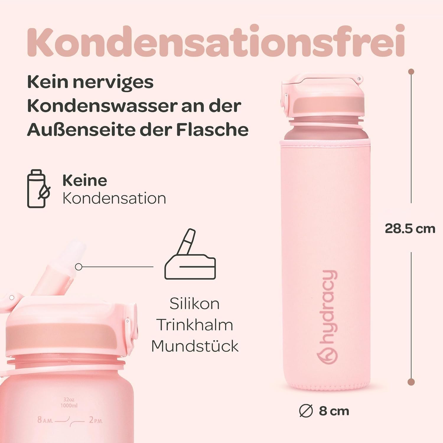 Hydracy Trinkflasche mit Strohhalm und Zeitmarkierung - 1L Wasserflasche - BPA-freie Trinkflasche - Auslaufsichere Sportflasche - Kondensationsfrei für Sport und Outdoor