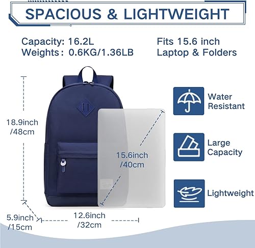 Miniatura 2 de VASCHY Mochila para hombres y mujeres, resistente al agua, mochila escolar casual para el trabajo, Azul (plain blue), Mochilas Daypack