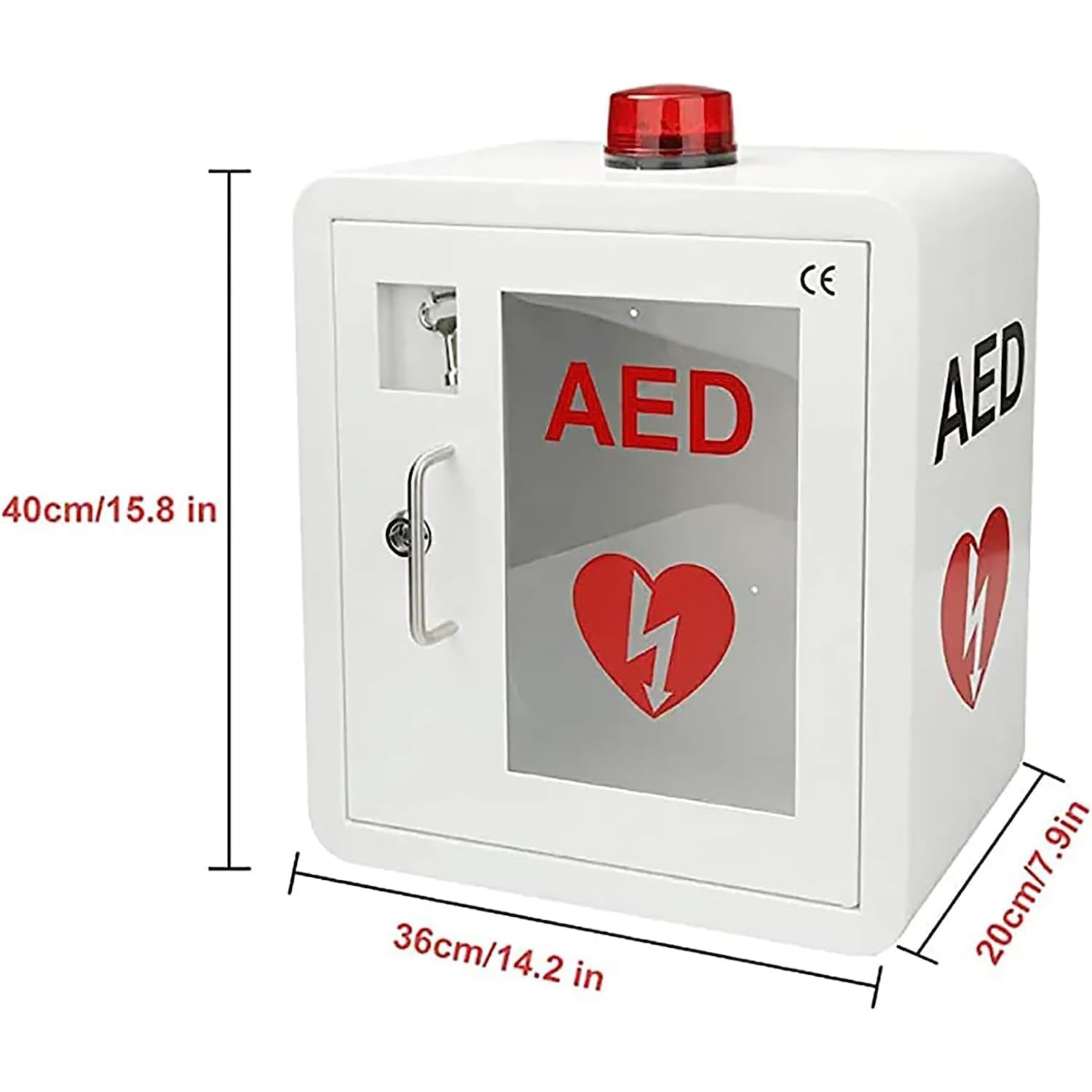 AED-Defibrillator-Aufbewahrungsschrank, wandmontierter Herz-Defibrillations-Alarmkasten aus Stahl mit Schlüssel, Erste-Hilfe-Koffer, 14,1 * 7,9 * 15,7 Zoll, passend für die meisten AED-Modelle, für