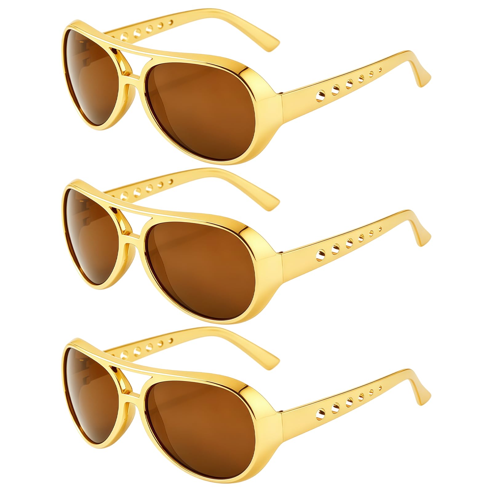 JUFYVO 3Pairs Gold Elvis Glasses 50’s 60’s 70's 80's Disco Party Sunglasses Fashion Hippie Rockstar Accessories for Halloween Carnival Cosplay