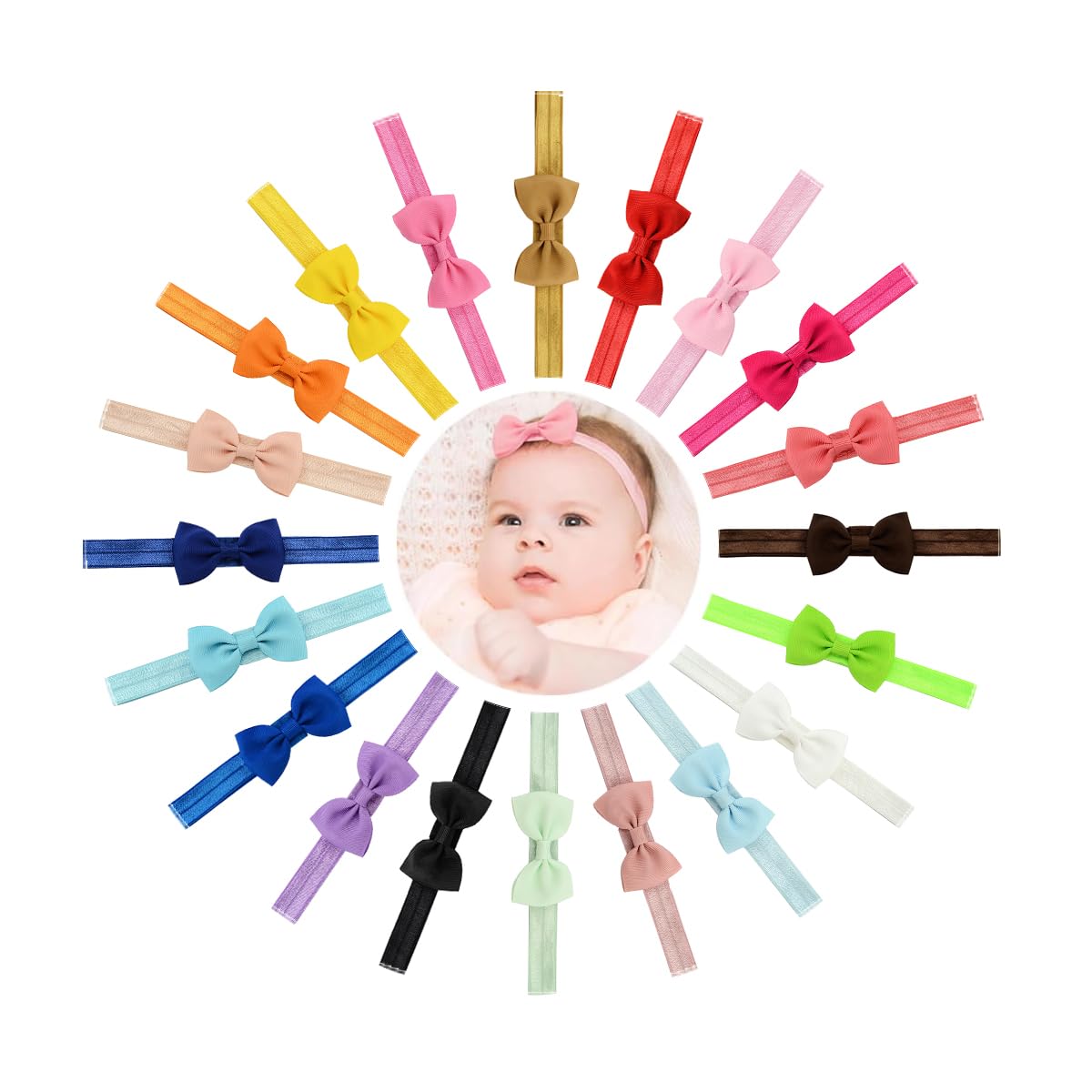 Voarge 20 PCS Bebe Lindo Banda de pelo, lindo lazo para el cabello, cinta de tela colorida, del bebé del Bowknot de la Cinta del Grosgrain Stretch para los niños pequeños, Colores aleatorios