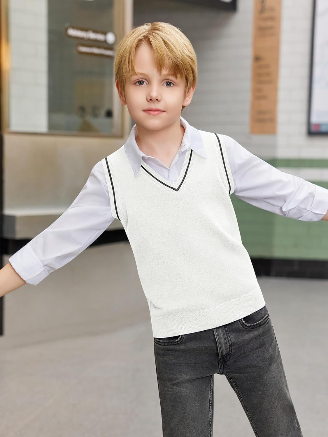 Haloumoning Boys Sweater Vest Kids Uniform Vest Casual V Neck Knit Pullover Sweater 5-14Y - Image 5