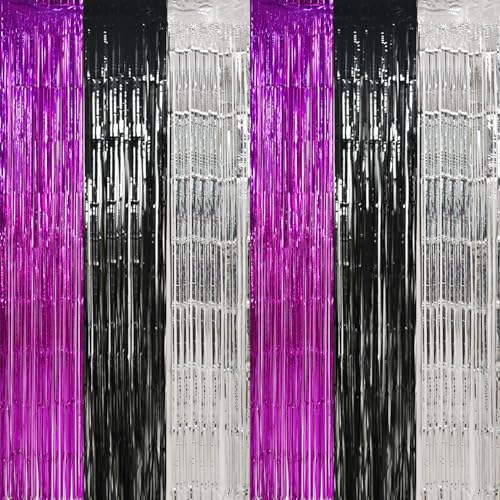 Image of TONIFUL Black Silver Hot Pink Door Streamers,Black and Pink Photo Booth Backdrop Metallic Streamers Foil Fringe Curtain for Birthday,New Year,Graduation,Grad,Baby Shower Party Streamers Decoration