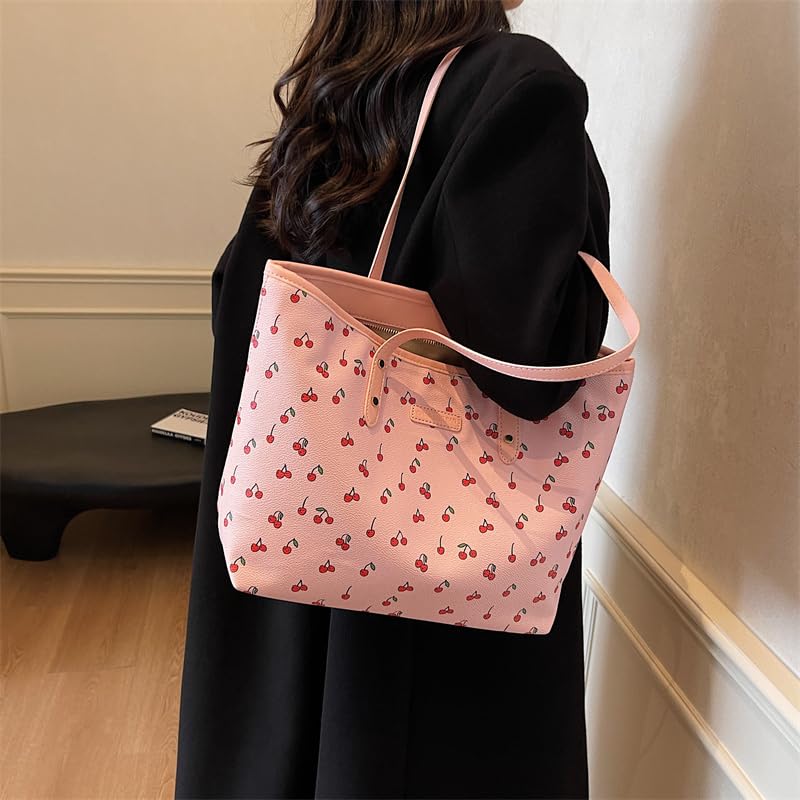 Image of hibear Cherry Print Tote Bag for Women Bow Shoulder Handbag Trendy Faux Leather Top-Handle Bag with Cherry Accessories