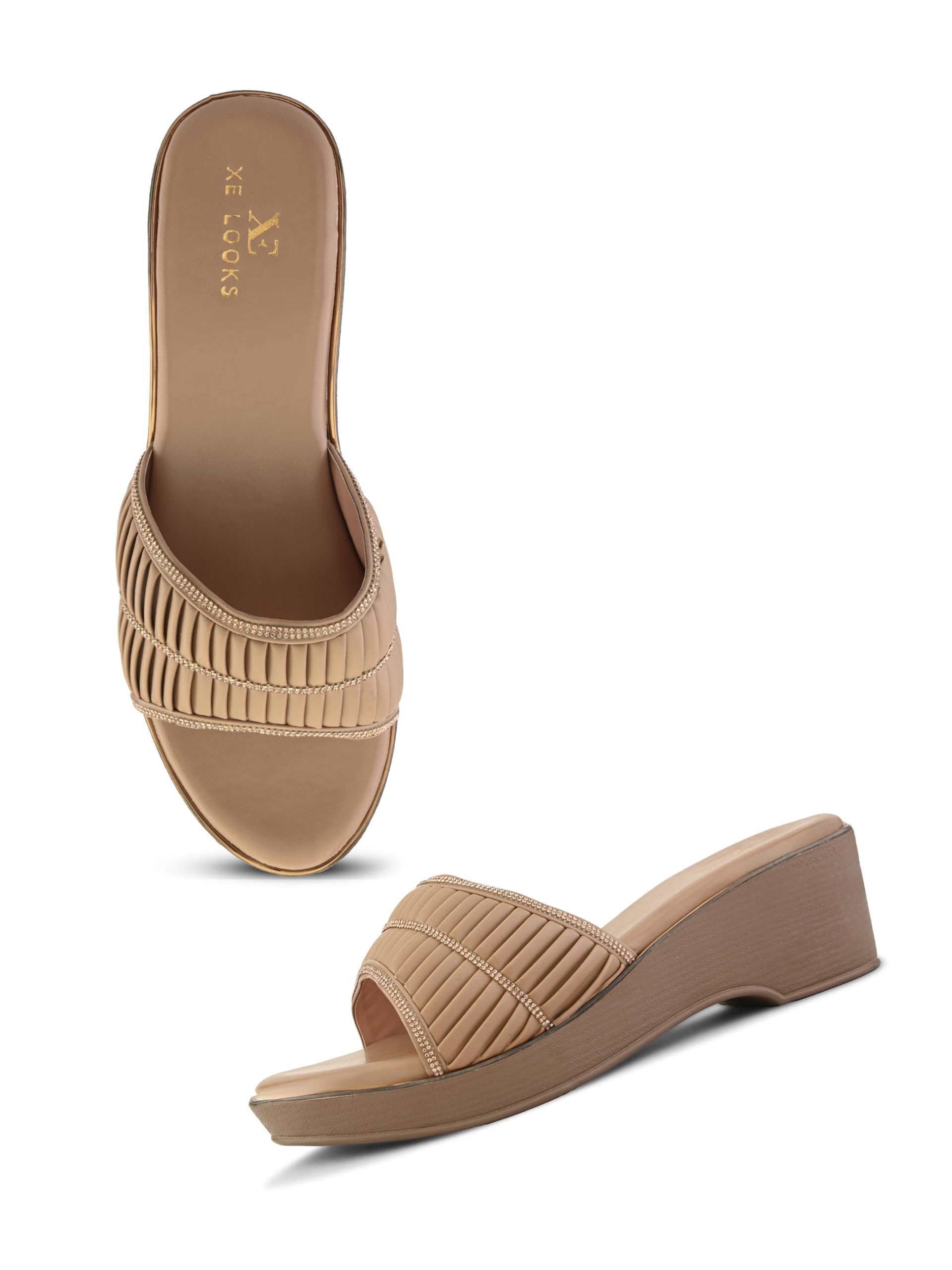 xe looks Classic Wedge Sandals for Women | Broad Pleated Strap with Subtle Embellishment | Easy Slip-On Style | Lightweight & Comfortable Footwear for Daily and Casual Use-picture-48