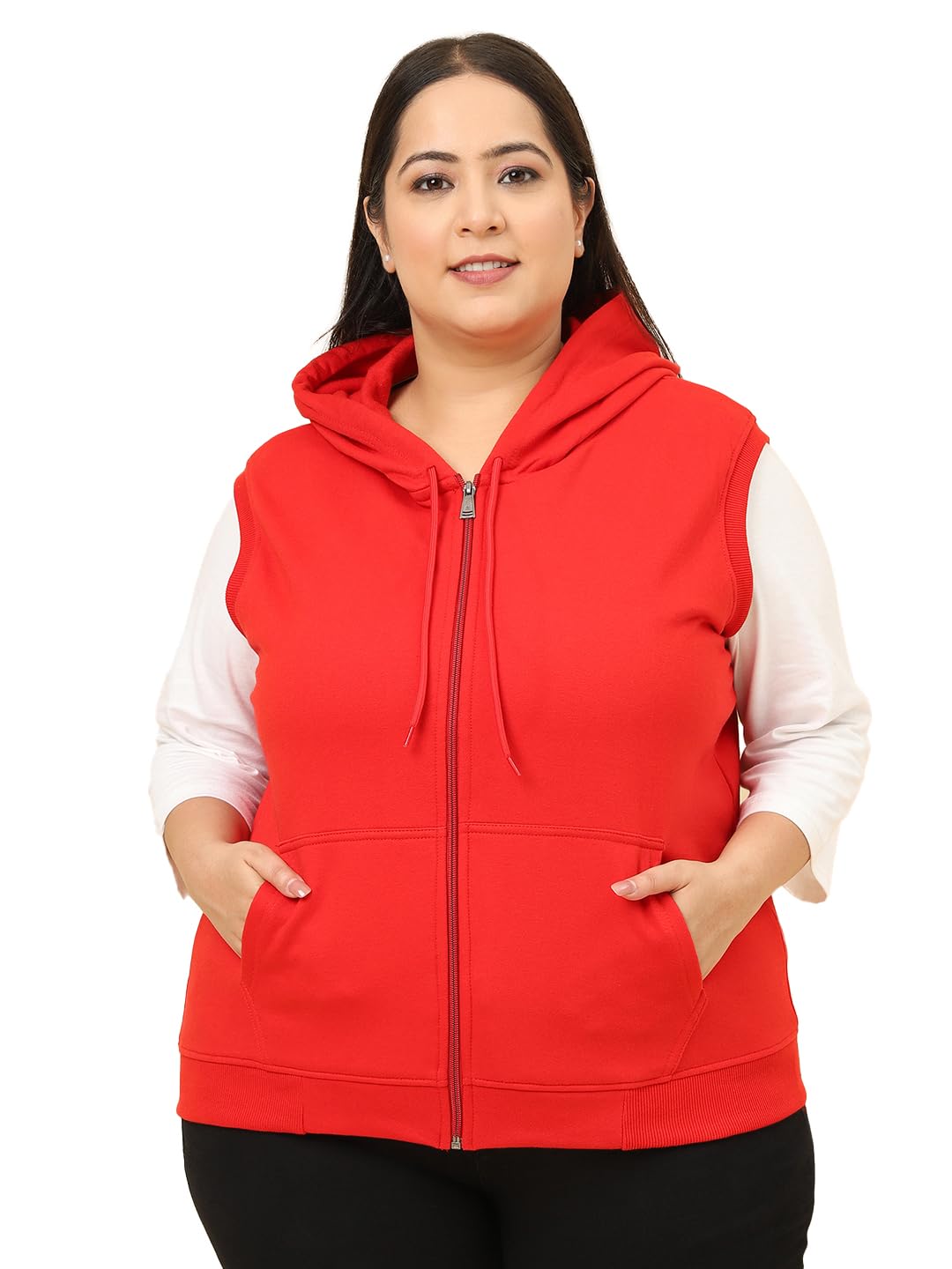 unaone Women Black Hoodie Sweatshirt with Fleece Material Sleeveless Jumper Front Zipper Regular Sweatshirt-picture-30