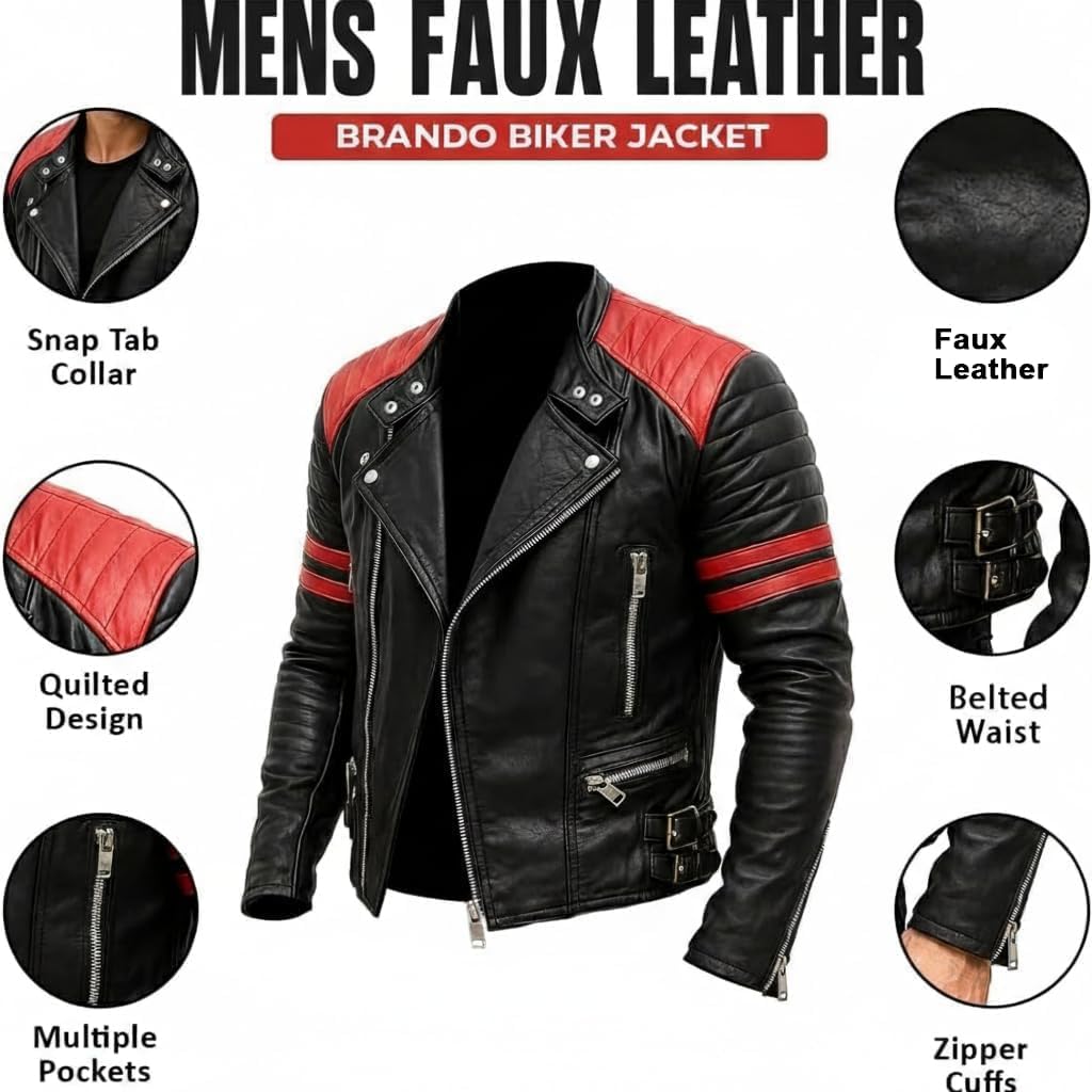 Black Leather Jacket for Men - Cafe Racer Brando Style with Red Stripes Quilted Motorcycle Real Leather Jacket