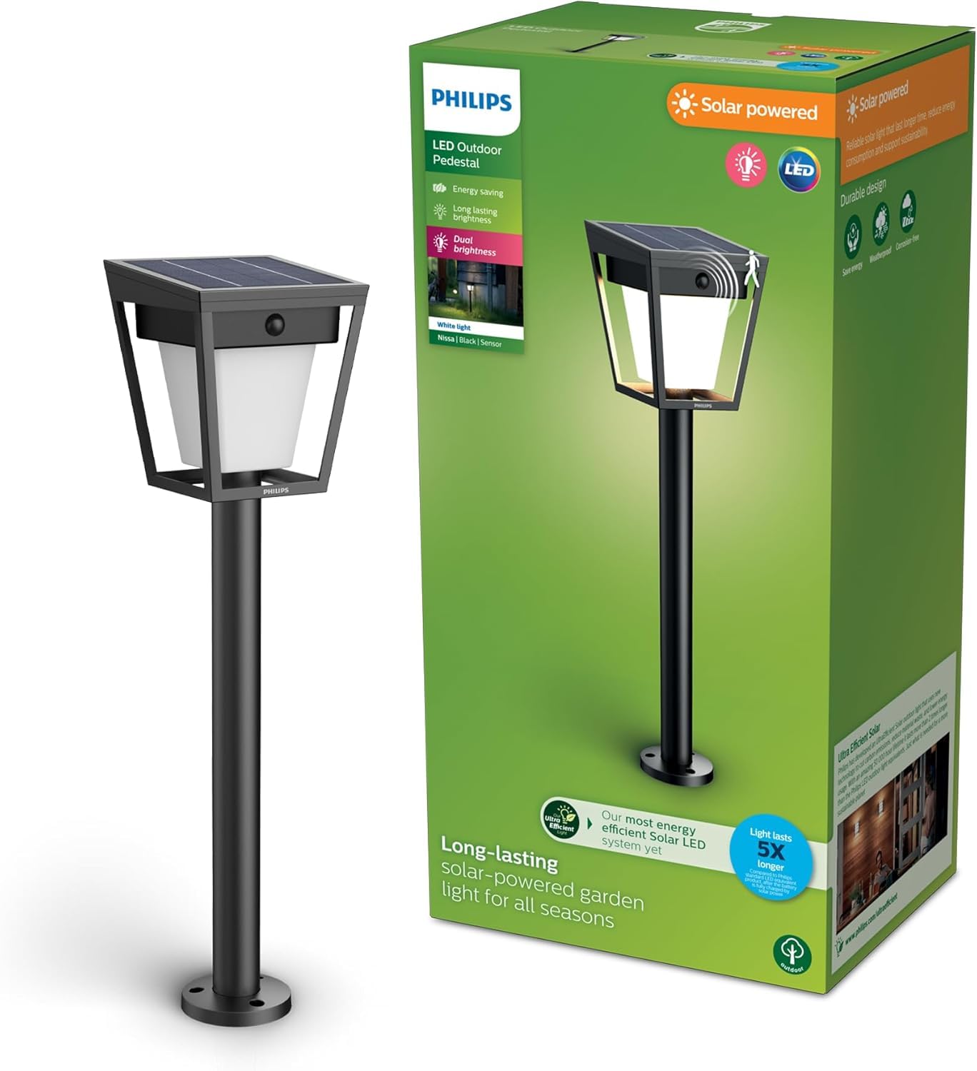 Philips Nissa Borne Extérieure UltraEfficient avec Capteur, 3000 K, 250/25 lm, Noir