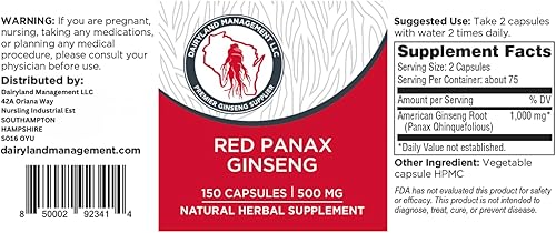Miniatura 2 de Dairyland Management LLC Cápsulas de Panax Ginseng rojo coreano 100% auténtico, 500 mg. Polvo de extracto de raíz de ginseng molido potente, sin