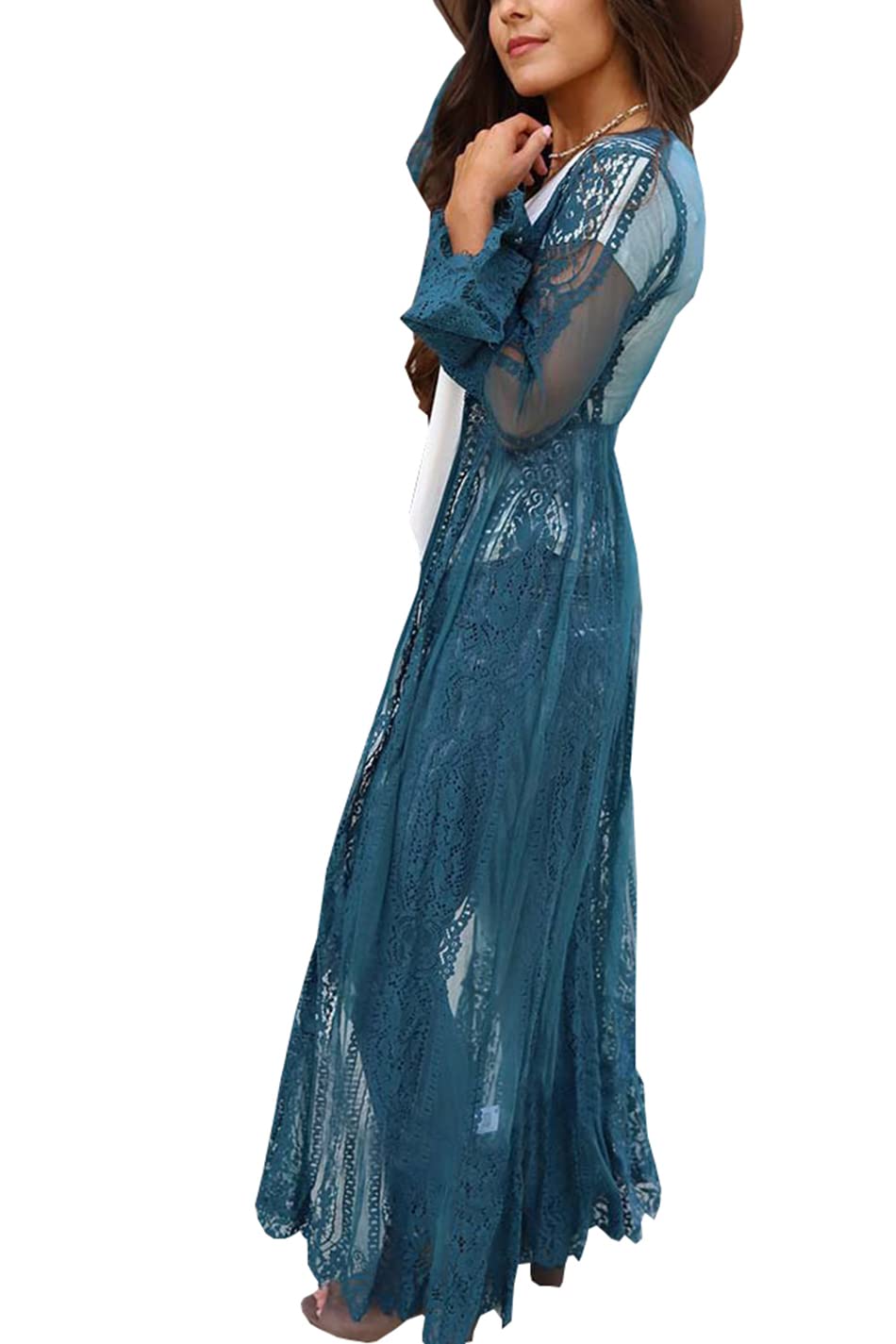 YouKD Vestido de Algodón de Encaje para Mujer Túnica Floral Boho Kimono Suelto Bikini de Playa Vestidos Cover Up Dress