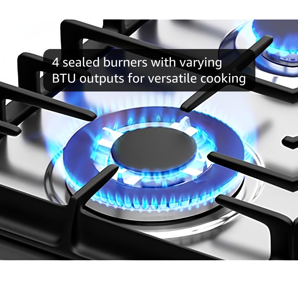 24 Inch Gas Cooktop, Propane Stove Top with 4 Burners 27,400 BTU, NG/LPG Convertible Built-in Stainless Steel Stovetop with Thermocouple Protection for Rvs Kitchen Outdoor