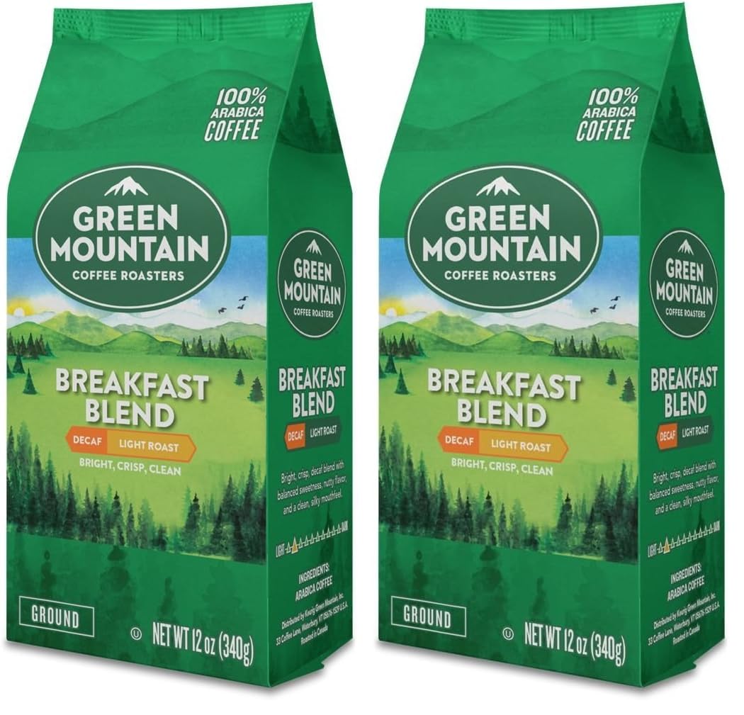 Green Mountain Coffee Roasters, Breakfast Blend Decaf, Ground Coffee, Decaffeinated, Light Roast, Bagged 12oz. (Pack of 2)