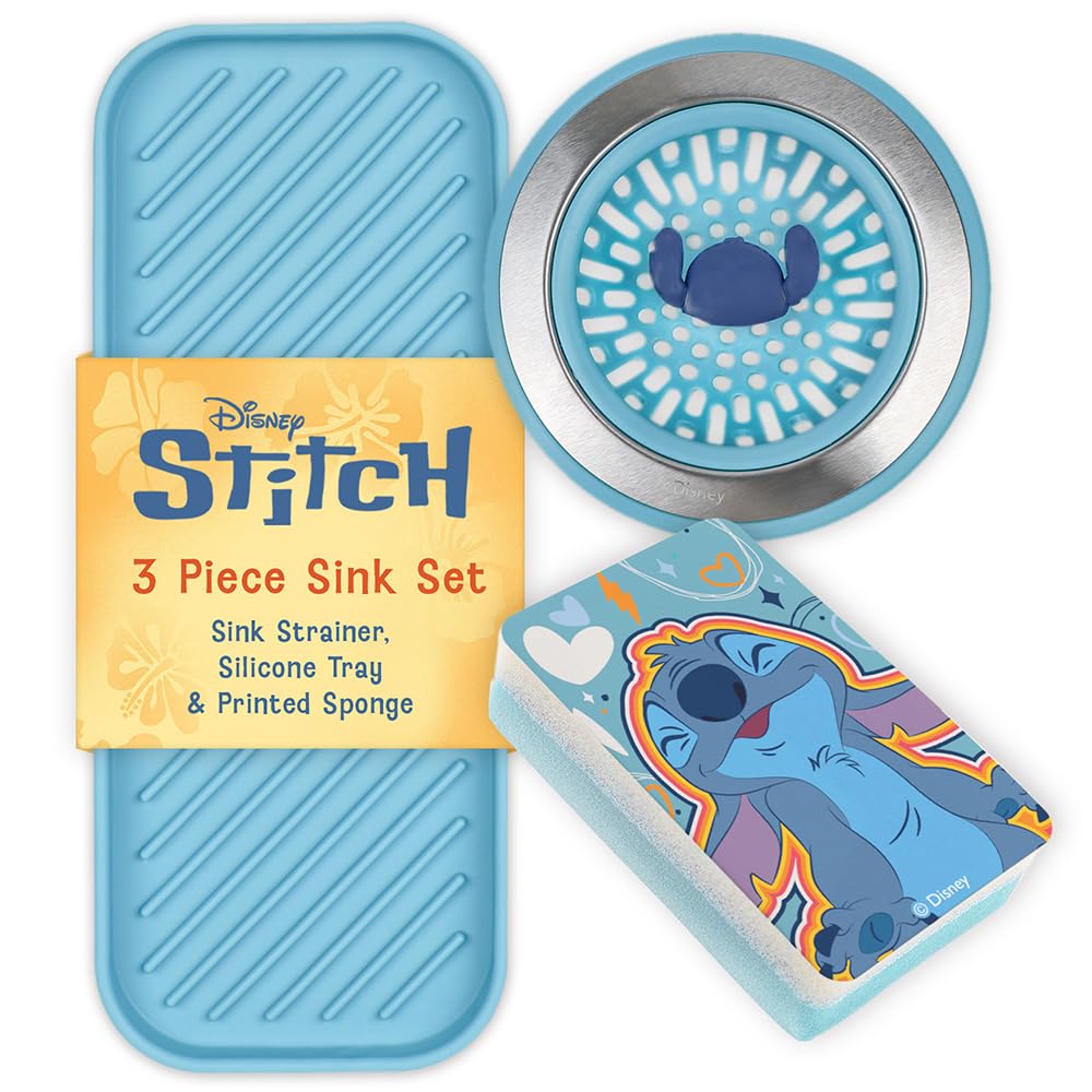 Disney Stitch Sink Drain Strainer, Dish Sponge &amp; Silicone Sink Tray Set