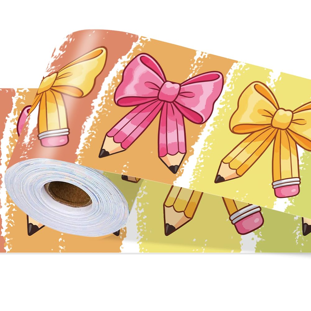 PRESSINART Pencil Bow Bulletin Board Border Peel and Stick 196.9 x 3.9 Inch Wallpaper Border Trim Colorful Bow Style, PVC Decorative Die Cut Trim Sticker Roll for Home Office Mirror Window Door Decors