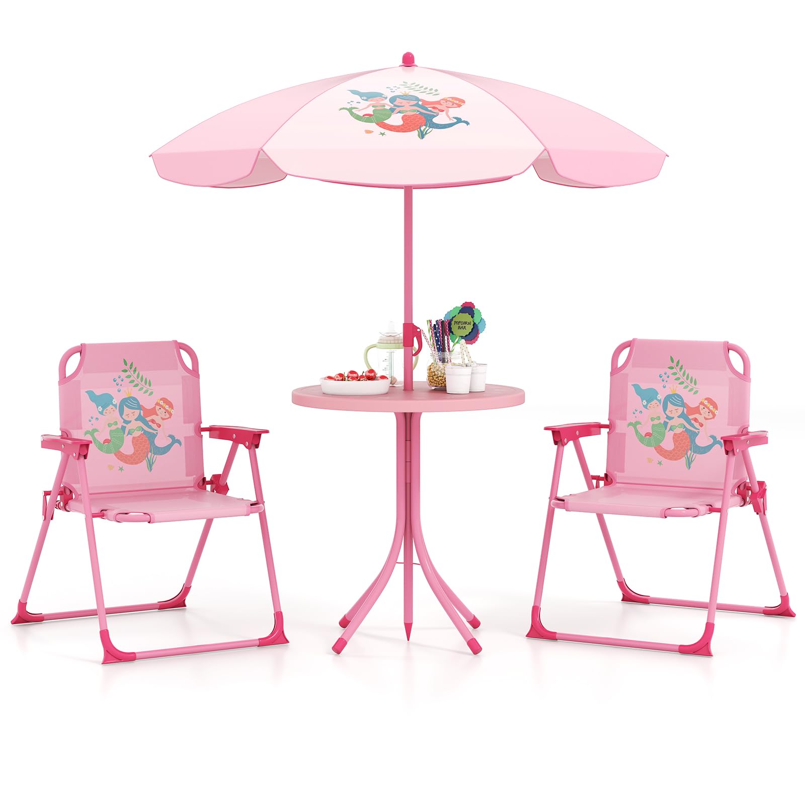 CHEFJOY Kids Picnic Table, Kids Outdoor Table with 2 Folding Chairs, Removable & Height Adjustable Umbrella, Cute Animal Theme Children Outdoor Furniture for Patio, Garden, Backyard (Pink Mermaid) : Patio, Lawn