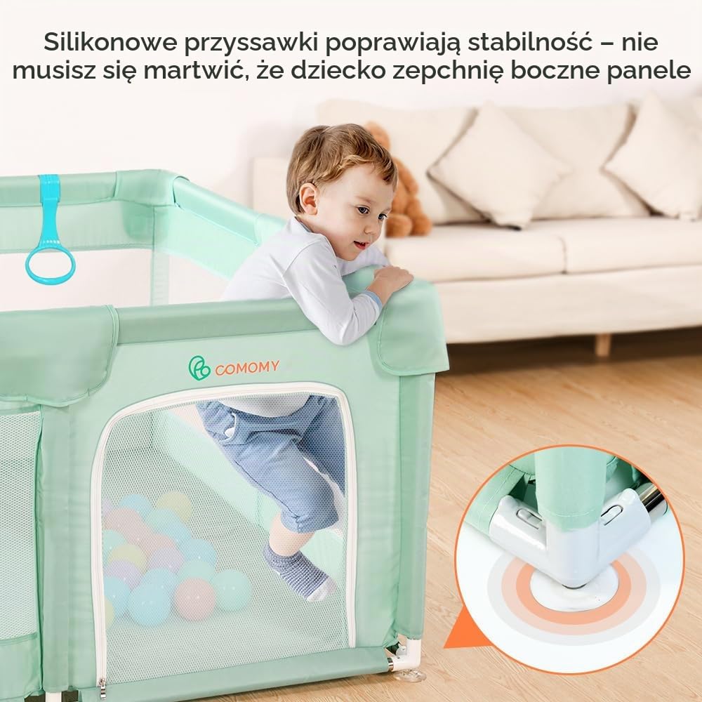 COMOMY Kojec dla niemowląt, 127x127 cm, kojec bezpieczny dla dzieci z miękką siatką, antypoślizgowym dnem z tkaniny Oxford (zielony)