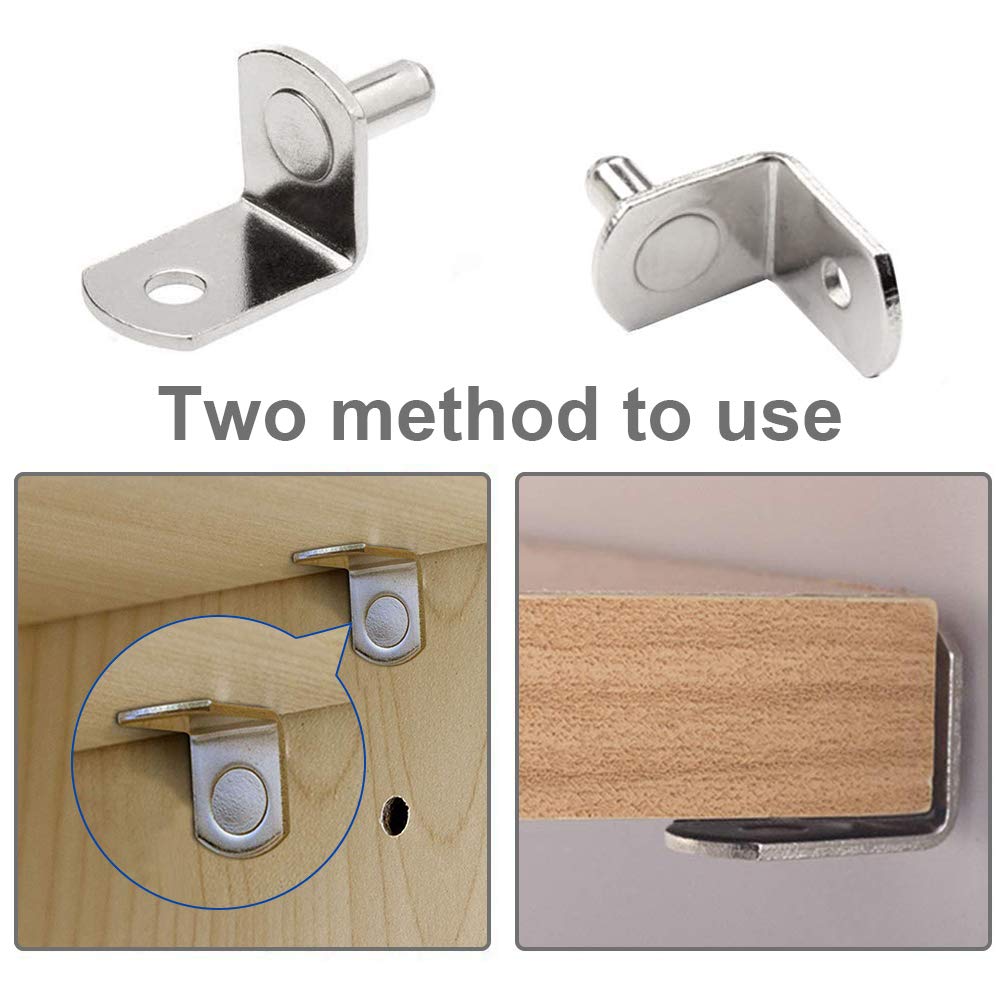 "50 Pcs 6mm Shelf Pins, L-Shaped Nickel Plated Shelf Support Pegs with Hole for Cabinet, Bookcase, Closet, Kitchen Furniture - Durable Metal Bracket Holders". — Amazon image 4