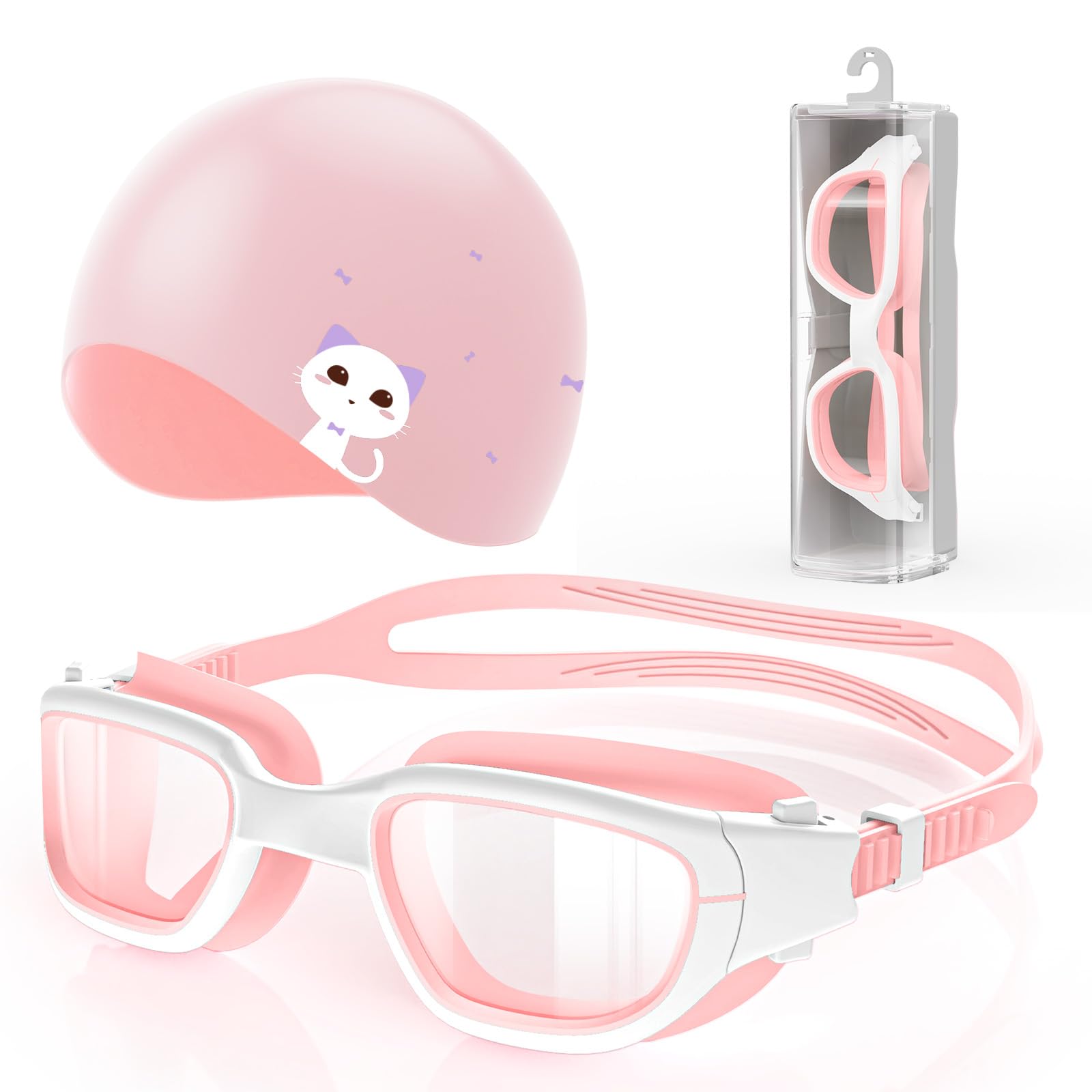 Zeligerstar Kids Swim Goggles with Free Silicone Swim Cap in Candy Dual-Tone: Leak-Proof, Anti-UV Lenses for Ages 6-14, Includes Hard Case & Bonus Swim Cap