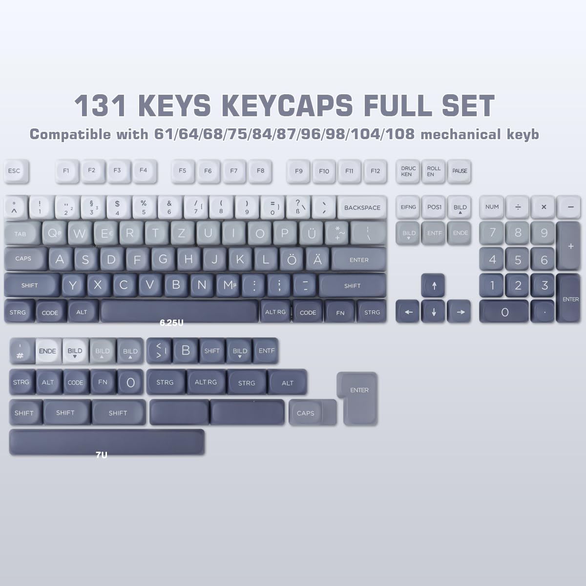 PBT German Keycaps 131 Keys Double Shot MOA Profile Keycap White-Grey Gradient Dye Sub Custom Keycaps for Cherry MX Switch ISO QWERTZ Layout Mechanical Keyboards