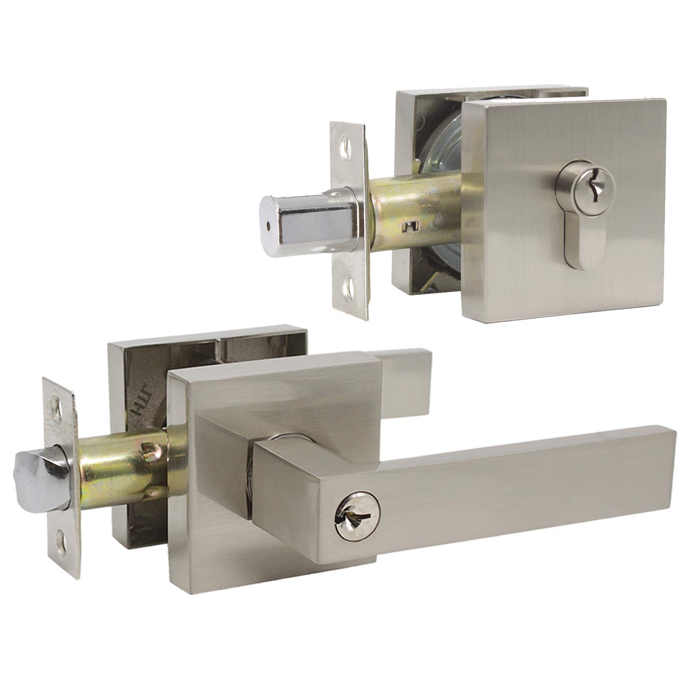 GOBEKOR3 Pack Brushed Nickel Entrance Lever Door Handle with Double Cylinder Deadbolt Locksets Keyed Alike Combo Locks with Same Key for Exterior Door Front Door