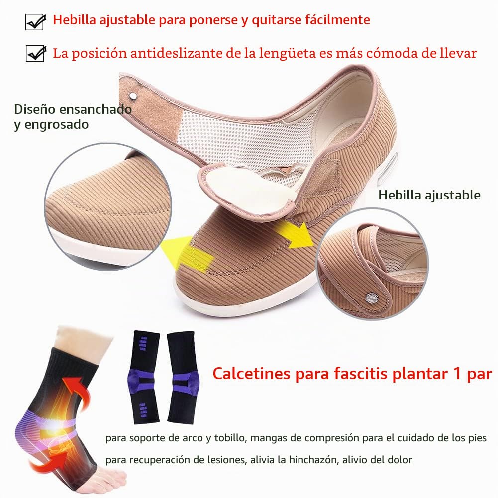 Zapatos para Diabéticos Mujer Ajustable Edema Zapatos para Hinchados Antideslizantes Transpirable Zapatos para Caminar con Artritis Zapatillas de Fascitis Plantar,Negro,39 EU