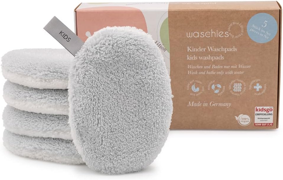 Waschies Reusable Baby & Kids Wash Pads, Pack of 5 Pastel Blue, Gentle Face & Body Cleansing with Just Water, Washable