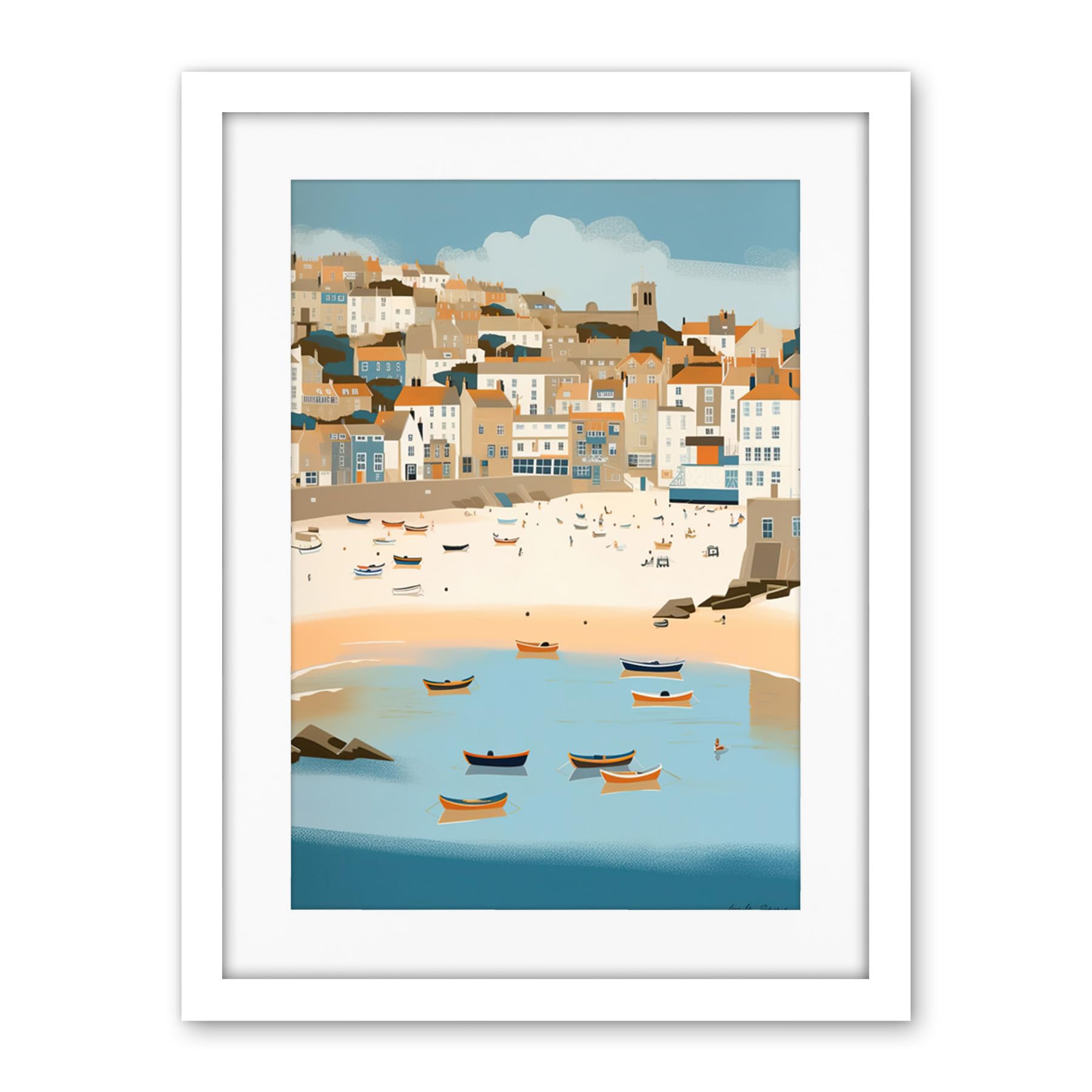 Artery8 Small Boats in St Ives Bay Coastal Cityscape Artwork Framed Wall Art Print 18X24 Inch