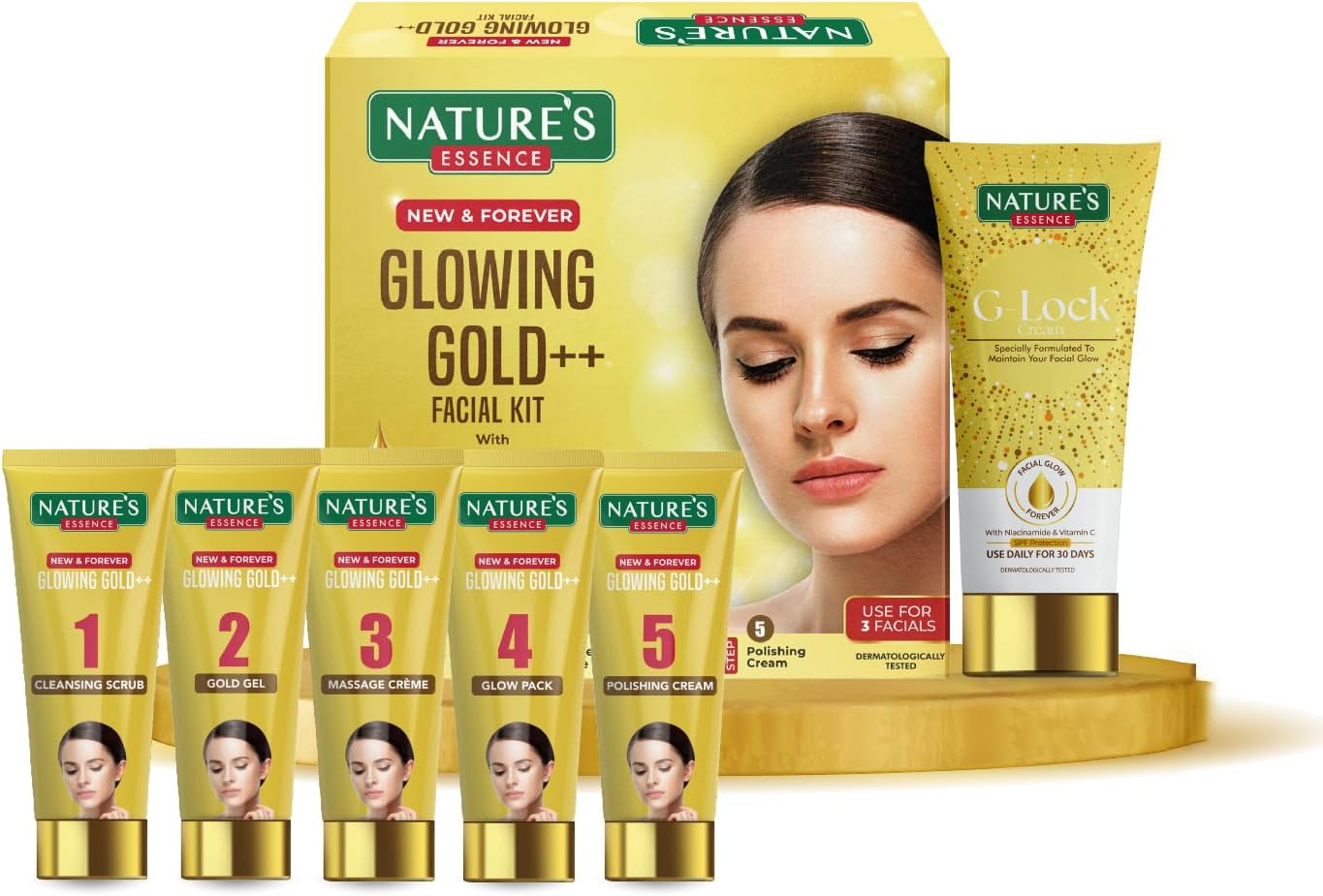 Nature's Essence Glowing Gold++ Facial Kit for Women| For Bright & Glowing Skin Infused with 24K Real Gold & Saffron| Get Parlour Like Glow in 30 Mins| Dermatologically Tested| Free G-Lock Cream|100gm