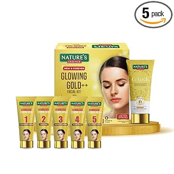 Nature's Essence Glowing Gold++ Facial Kit for Women| For Bright & Glowing Skin Infused with 24K Real Gold & Saffron| Get Parlour Like Glow in 30 Mins| Dermatologically Tested| Free G-Lock Cream|100gm - image, photos