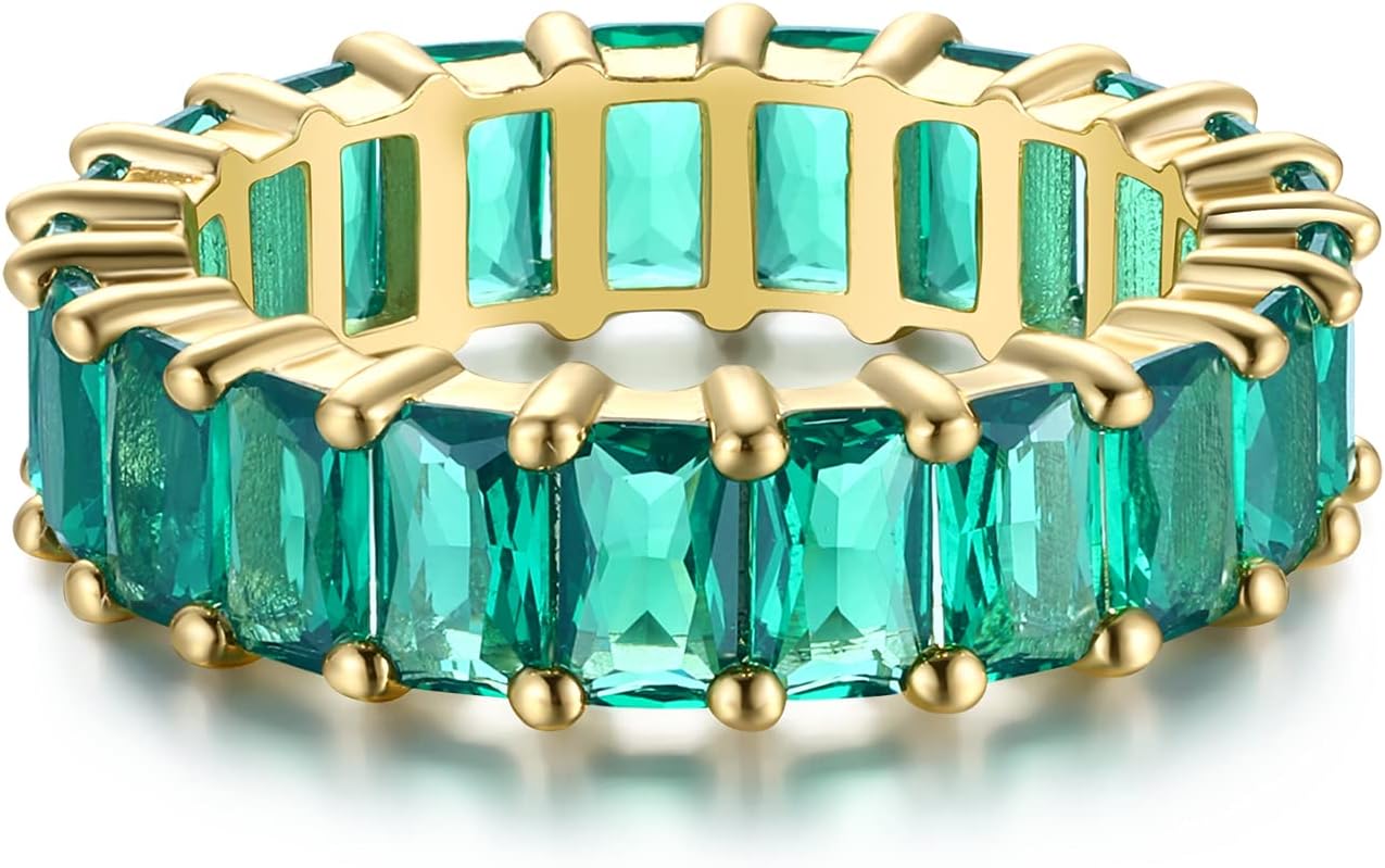 Nossa Green Emerald Band (5 Carat) 18K Gold Plated Claw Prong | Rectangle Emerald Cut Eternity Band CZ Ring