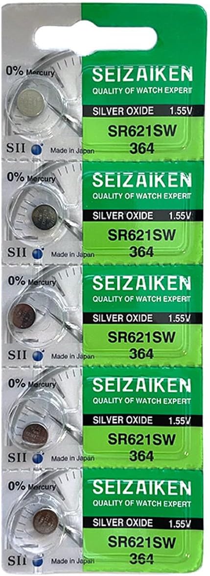 Seizaiken Wrist Watch Batteries SR621SW 364 1.55V Silver Oxide - Pack of 5