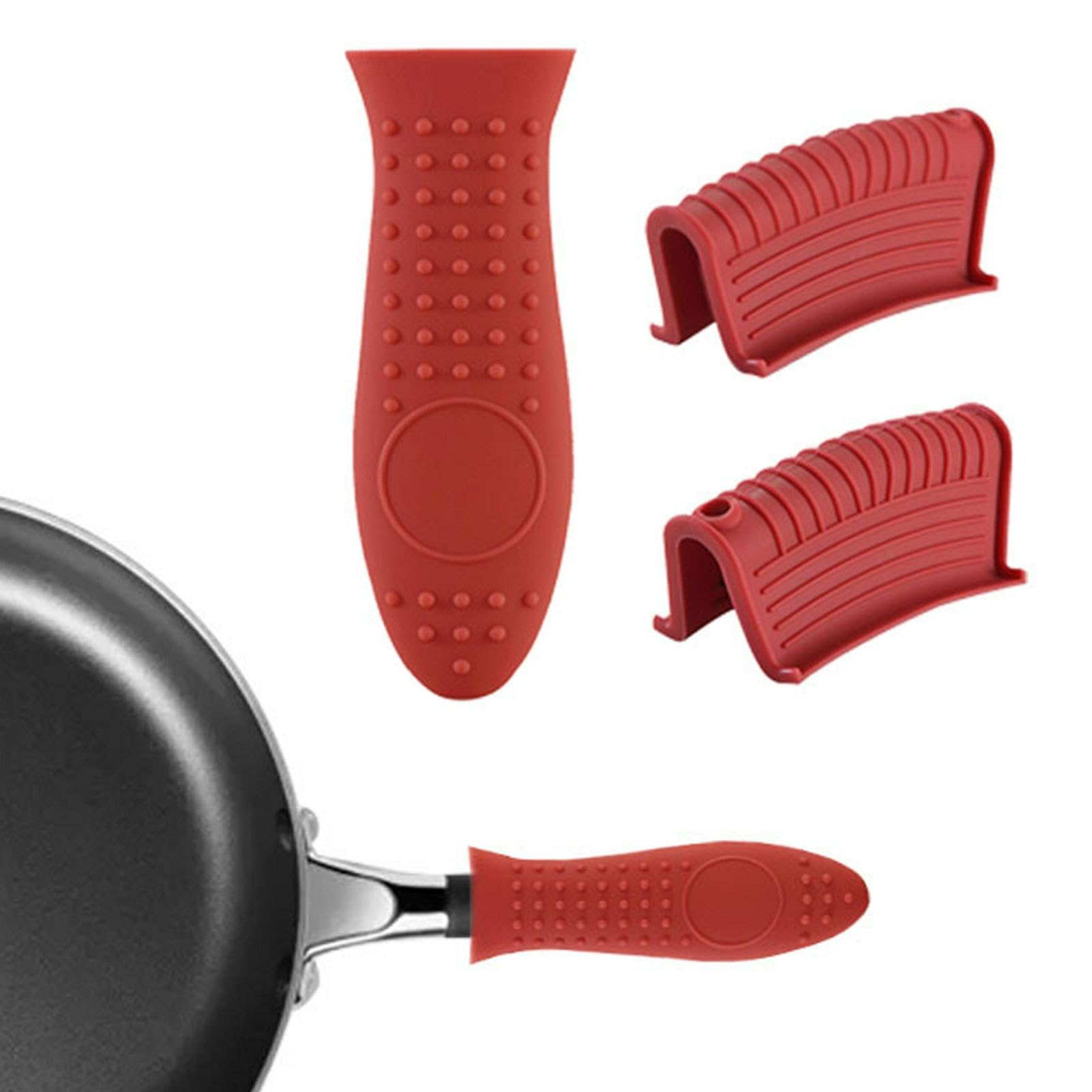 3 Pcs Silicone Hot Handle,1 Pot Long Handle Sleeve & 2pcs Pot Side Handle Sleeve Silicone Assist Handle Holder, Non-Slip Pot Holder Sleeve, Heat Resistant Potholder Cookware Handle(Red)