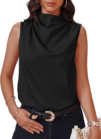 Cicy Bell Womens Mock Neck Satin Tank Tops Silky Business Casual Outfits | Cowl Neck, Ruched Draped, Sleeveless, Luxe Fabric, Corporate Blouse