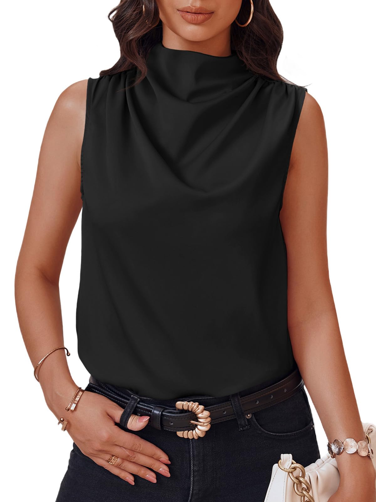 Cicy Bell Camiseta de Tirantes para Mujer, Cuello Alto, de satén, para el Trabajo, Informal, con Volantes, para Verano, Ropa de Negocios