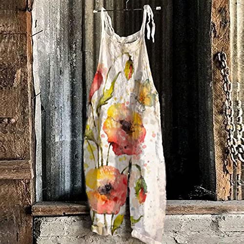 Womens Rompers For Summer, Womens Jumpsuit Straight Leg Faire La Fête Jumpsuit Lady Calf-Length Spring Beautiful Drawstring Overalls Split Florals Airoft Thin Comfortable Overalls Womens Beige Xxl #TOP1