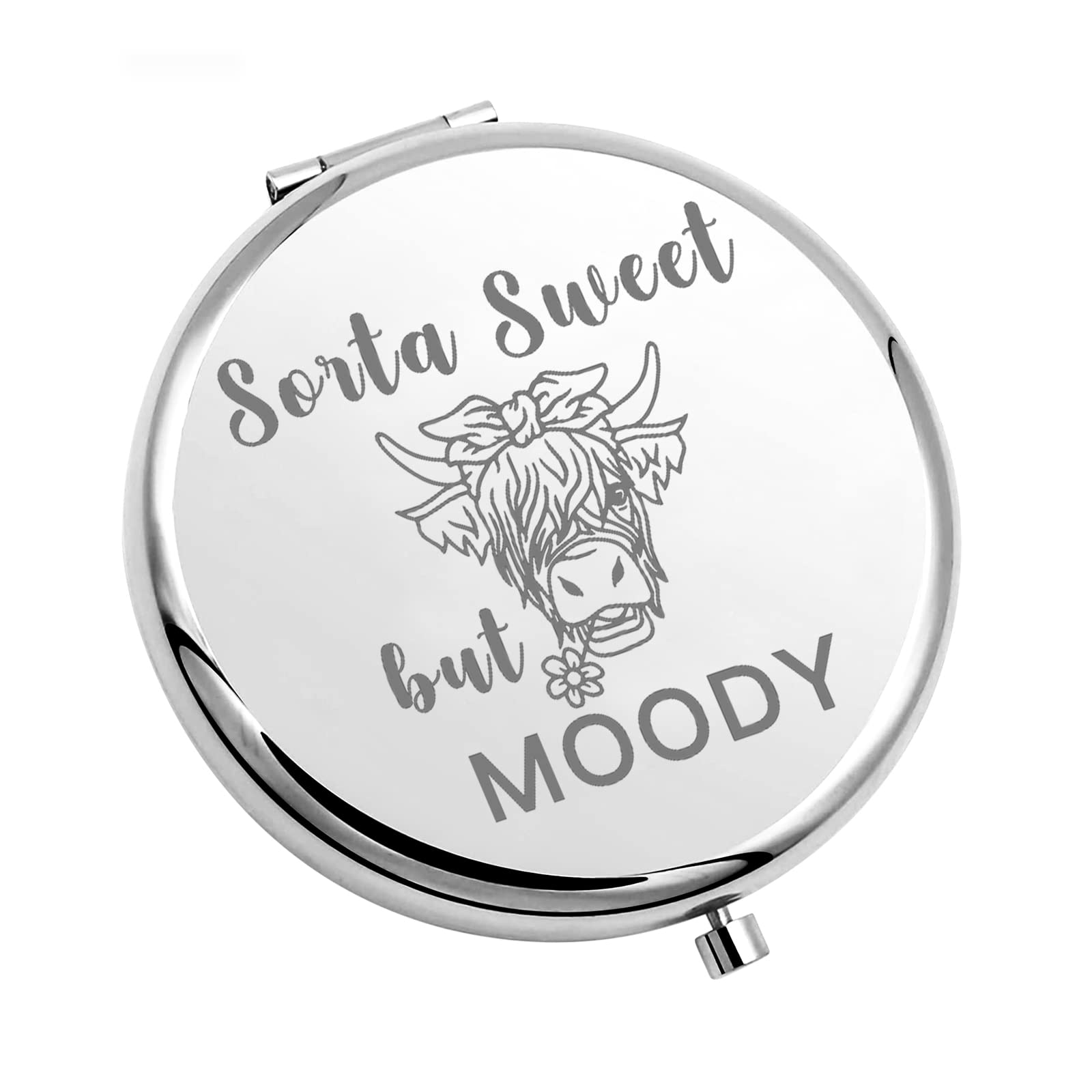 CHOOROFunny Highland Cow Pocket Mirror Sorta Sweet But Moody Compact Makeup Mirror Highland Cow Lover Gift (But Moody-M)