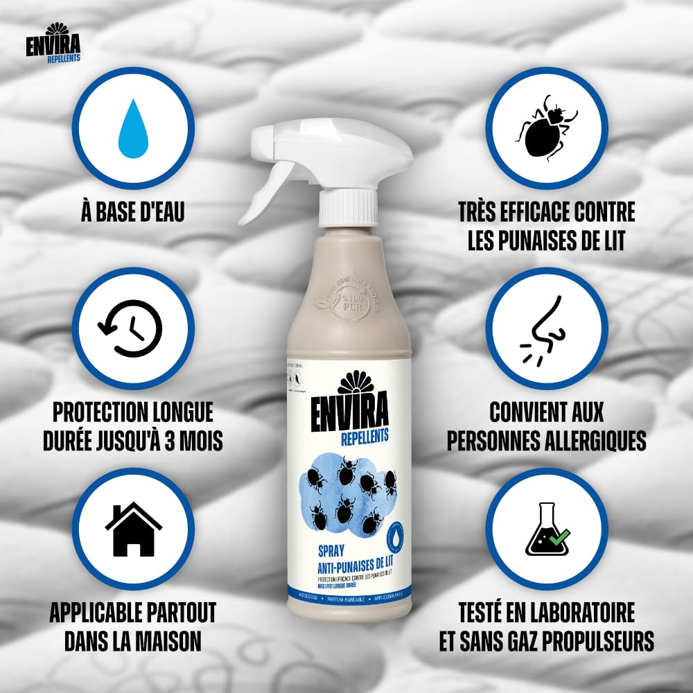 Envira Spray Punaises de Lit - Anti-punaises de Lit à Action Longue Durée - Inodore & A Base d'Eau - 2 Litres
