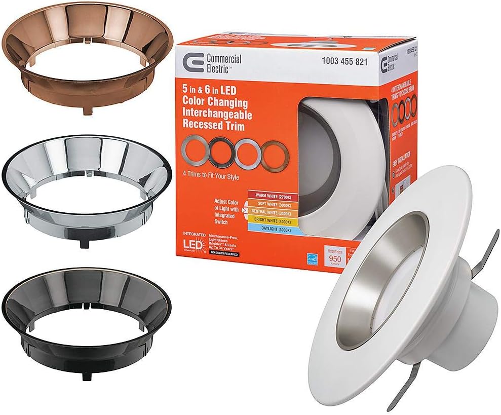 Commercial Electric 5 in. & 6 in. Integrated LED Color Selectable Recessed Downlight Trim Dimmable Ceiling Light w/4 Color Baffle Selections