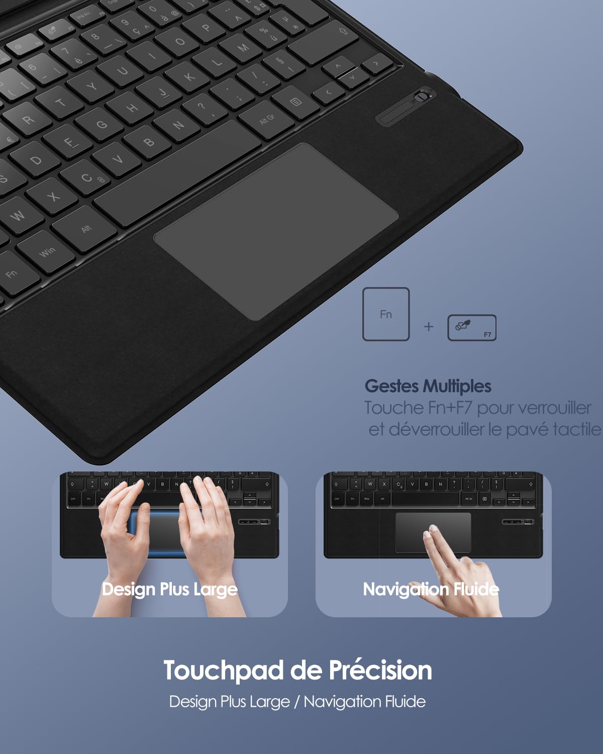Clavier Français pour Microsoft Surface Pro 7 Plus/7/6/5/4/3, AZERTY sans Fil Bluetooth, Type Cover avec Pavé Tactile et Batterie Rechargeable-Noir